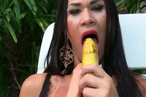 sheboy Masturbates With A Banana And A throbbing fake penis