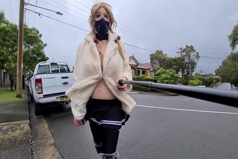 Pigtailed amateur wearing mask flashing in public