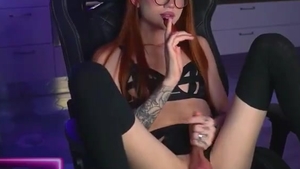 Redhead Skinny Russian Tattooed tgirl In Glasses Strokes Her Girly penis On web camera