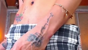 skinny latina Transgirl With Tattoos Jerks Off Her large dong